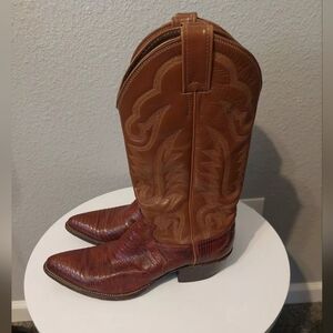 Justin Cowboy Boots Vtg Exotic brown Leather Iguana Lizard 9B Pointed toe FIRM